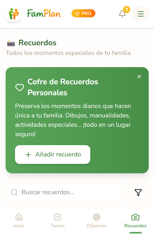 Panel de recuerdos familiares en FamPlan